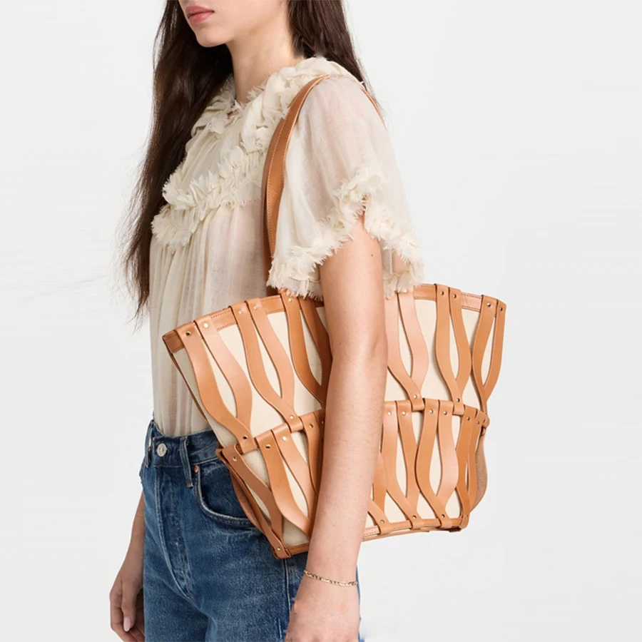 

Women's Trendy Beach Contrast Hollowed-Out Handbags With Canvas Inner Bag Large Capacity Canvas Patchwork Single-Shoulder Bags