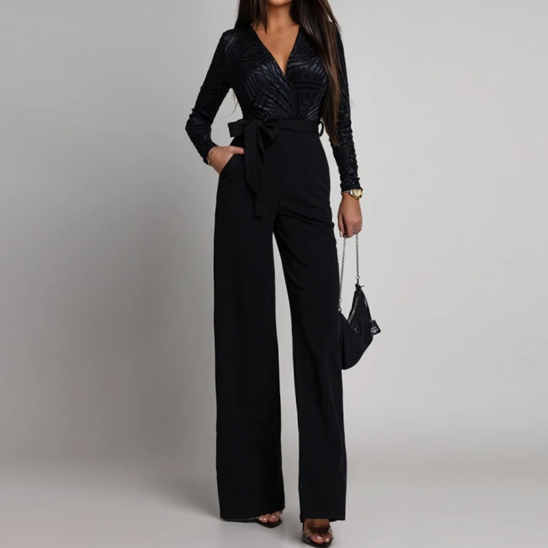 

Office Leisure V-neck Tie Up Women Jumpsuit Vintage Pattern Print High Waist Playsuit Spring Summer Long Sleeved Straight Romper