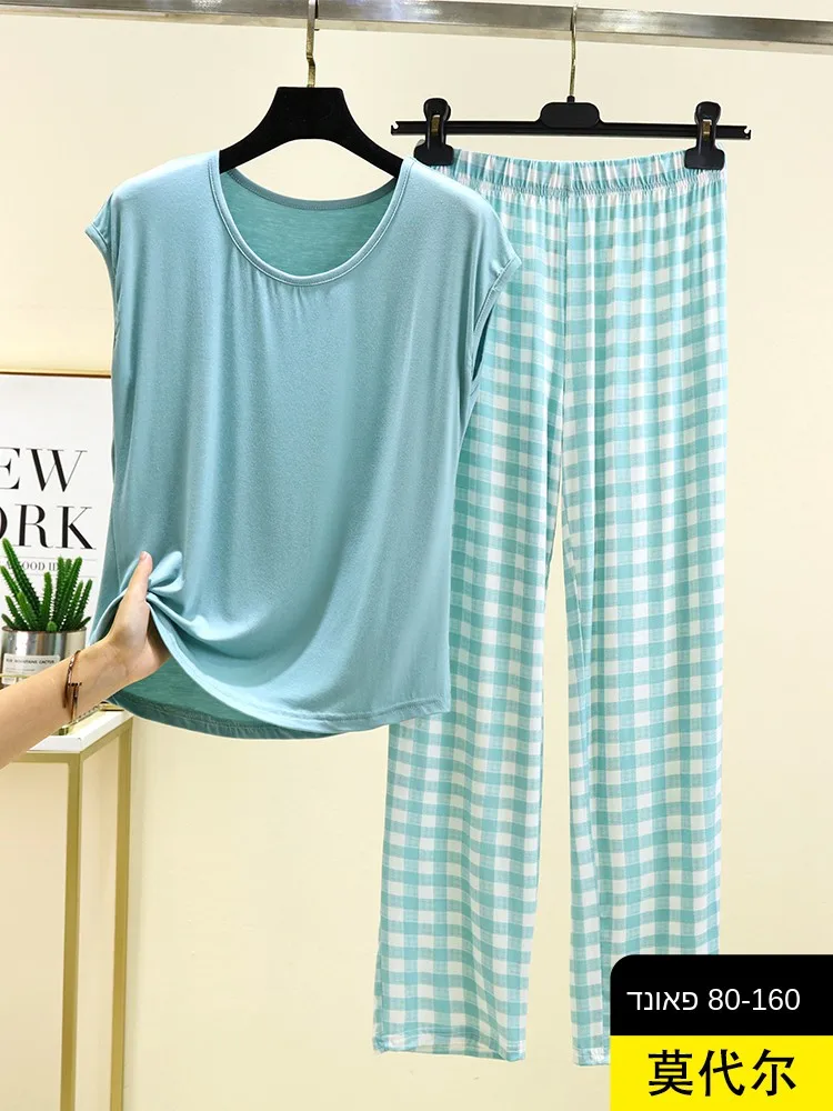 

Modal Sleeveless T-Shirt Wide Leg Pants Set Women Summer Thin Plaid Home Pants Casual plus Size Sleepwear Two Piece Set
