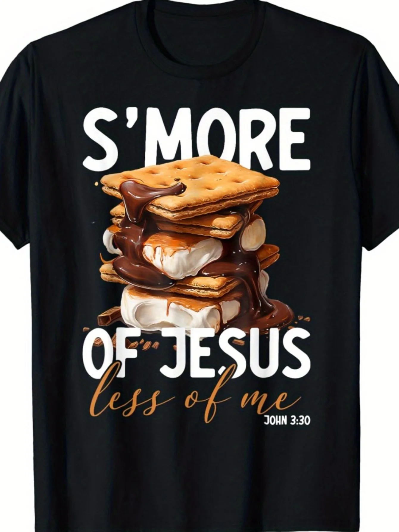 S'more of Jesus, Less of Me Design with Chocolate-Covered Marshmallows & Stack of Books Print Soft Polyester Blend T-Shirt