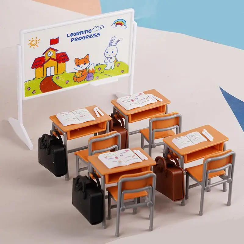 Complete 1:12 Miniature Dollhouse Desk and Blackboard Set for Doll House Classroom Model Decoration