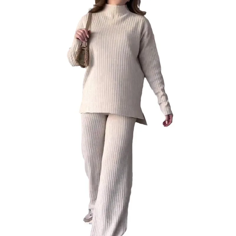 Autumn New Fashion Solid Color Round Neck Casual Knitted Sweater Wide Leg Pants Two-piece Sets for Women