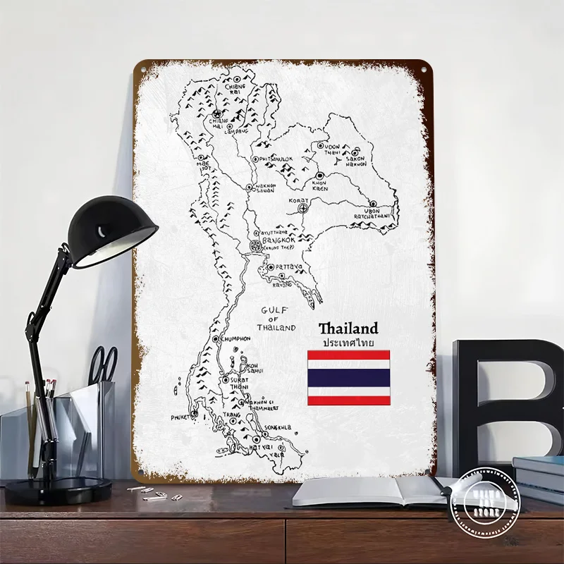 Handdrawn Thailand Map Poster Retro 3D Printed Metal Signs Customized Wall Hanging Gift for Living Room Interior Decoration Art