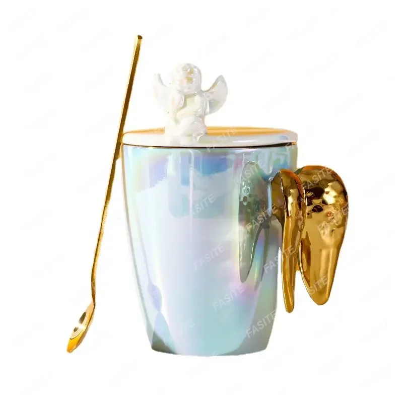 Nordic Ceramic Mug Luxury Coffee Cup Water Angel Wing Funny Large Mugs with Lid Spoon Thermal Birthday Personalized Gift Ideas