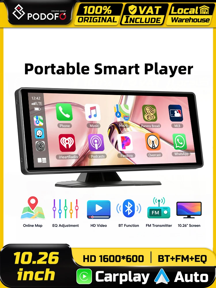 Podofo 10.26-calowy Monitor Samochodowy na Deskę Rozdzielczą Przenośny Inteligentny Ekran Obsługuje Bezprzewodowy CarPlay Android Auto Rejestrator Wideo DVR na Deskę Rozdzielczą BT FM EQ — 2
