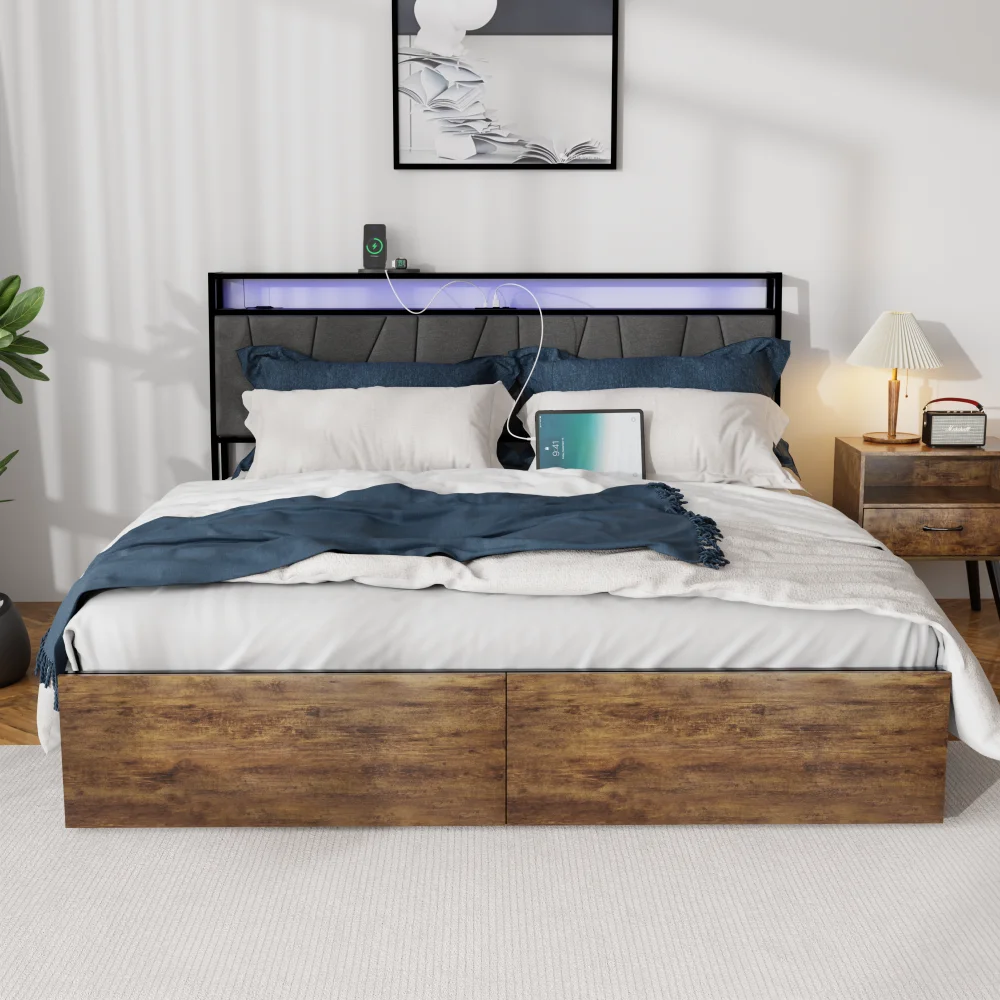 

Bed Frame with 2 Storage Drawers, Built in Charging Station LED, Outlets USB, Full Size, Noise Free, Rustic Brown, Beds