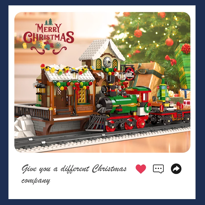 MOC-estación de tren de Navidad creativa, paisaje arquitectónico, bloques de construcción, modelo de ladrillos, montaje, juguetes DIY para niños, regalo de vacaciones