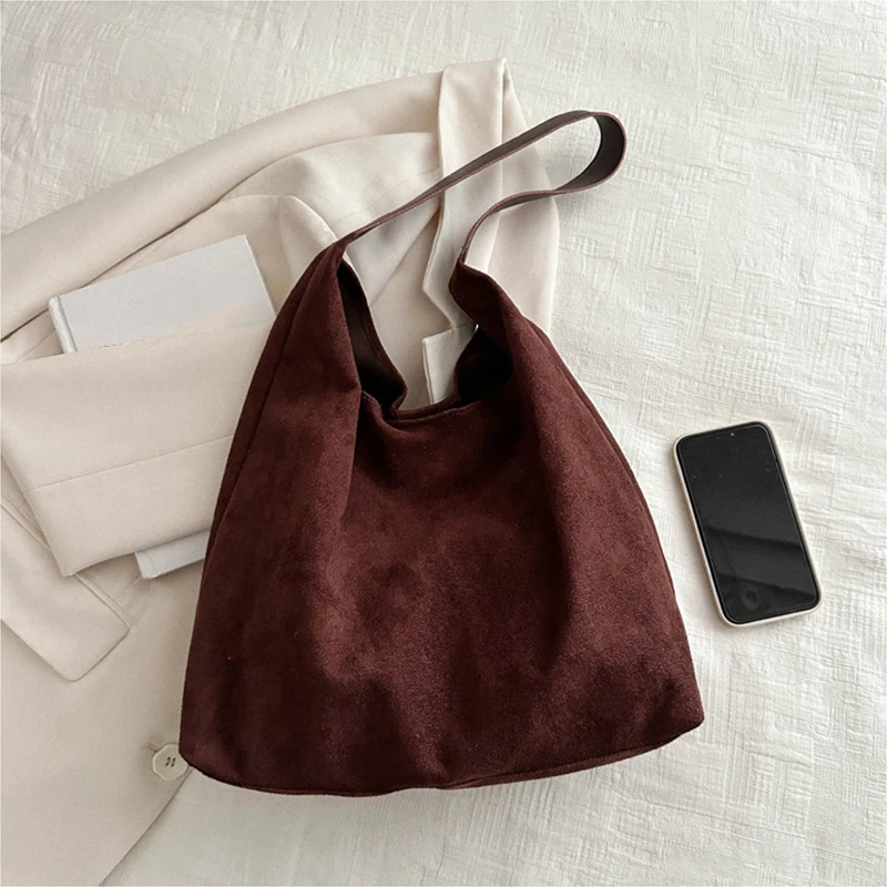 Vintage Damentasche, große Kapazität, Wildleder-Umhängetasche, einfarbig, schlichtes Design, lässige Pendler-Shopper-Tasche – Detail 23