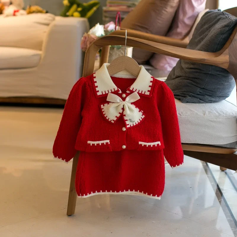 

2025 Baby Girl Knitted Cardigan and Skirt Sets Clothes 1-5Y Kids Bowknot Decor Button Contrast Trim Sweater Autumn Winter Outfit