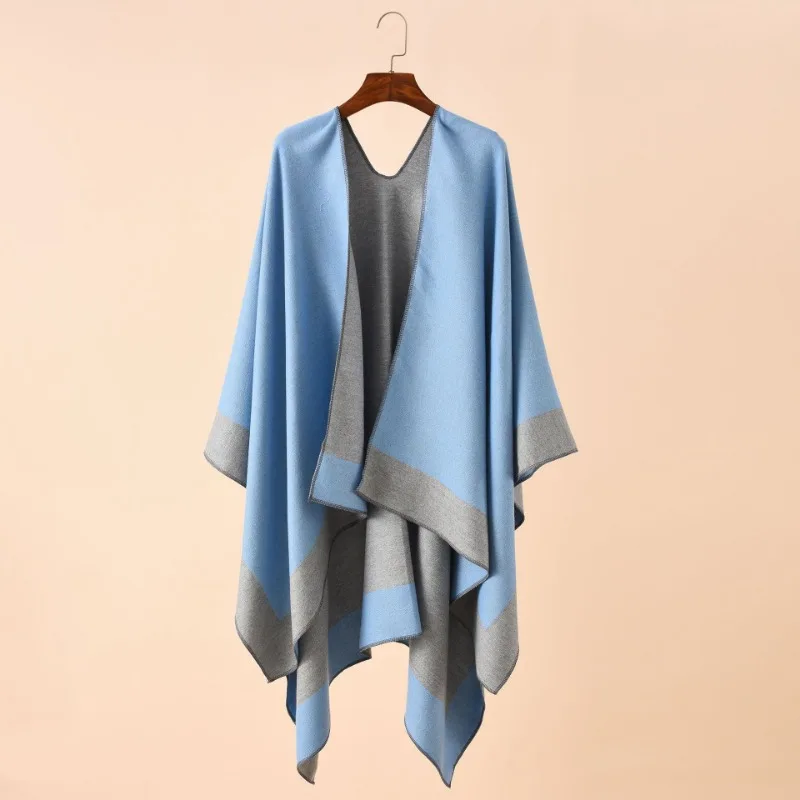 Women Two Tone Color Block Open Front Shawl Poncho Casual Travel Daily Outerwear