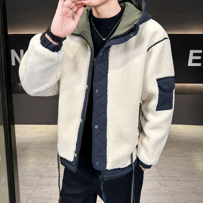 

Fashion Men's Polar Fleece Hooded Jackets 2025 Autumn Winter Youth Warm Sherpa Plush Coats Street Wear Windproof Thick Clothing