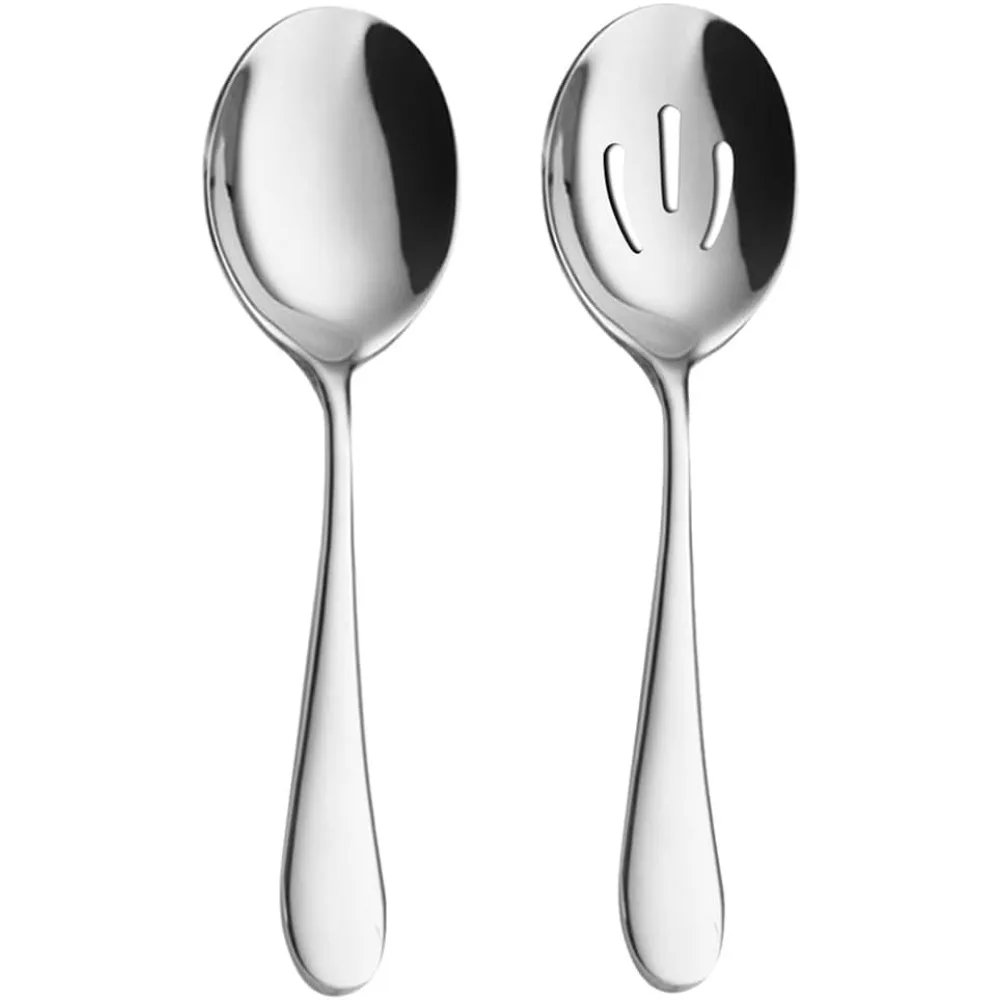 

2 Pieces Stainless Steel Flatware Serving Sets, 8.7-Inch Long Handle Slotted Spoons and Serving Spoons for Buffet, Banquet