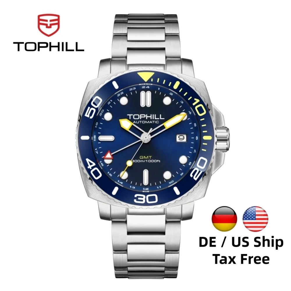 

TOPHILL 43mm Men's Diving Watch NH34 GMT Automatic BGW9 C3 Luminous Quick Adjust Bracelet 300M Waterproof Sapphire Luxury TD012G