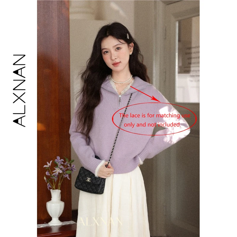 ALXNAN Dames Paarse Trui Herfst Winter Gebreide Truien Chic Chic Rits Hals Casual Warme Trui Lange Mouw Tops L59016