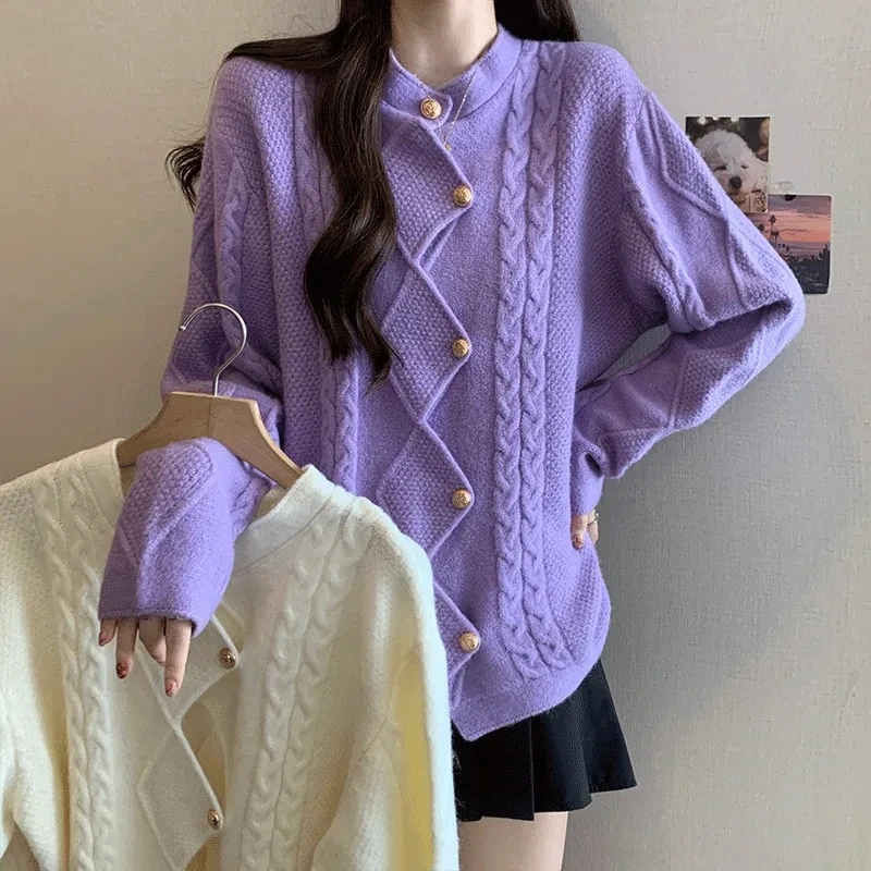 2024Autumn And Winter New Women's Design Sense Niche Diamond Lrregular Fashion Twist Knit Cardigan Casual Solid Color Button Top