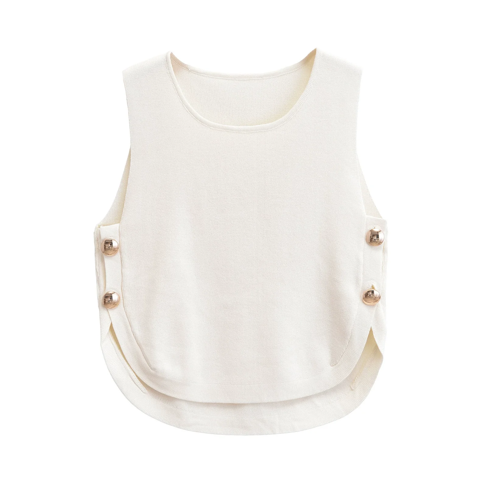 2025 เสื้อแขนกุดเก๋ไก๋ของผู้หญิงพร้อมหัวเข็มขัดด้านข้างไม่สมมาตร Hem Casual O-neck Crop Top