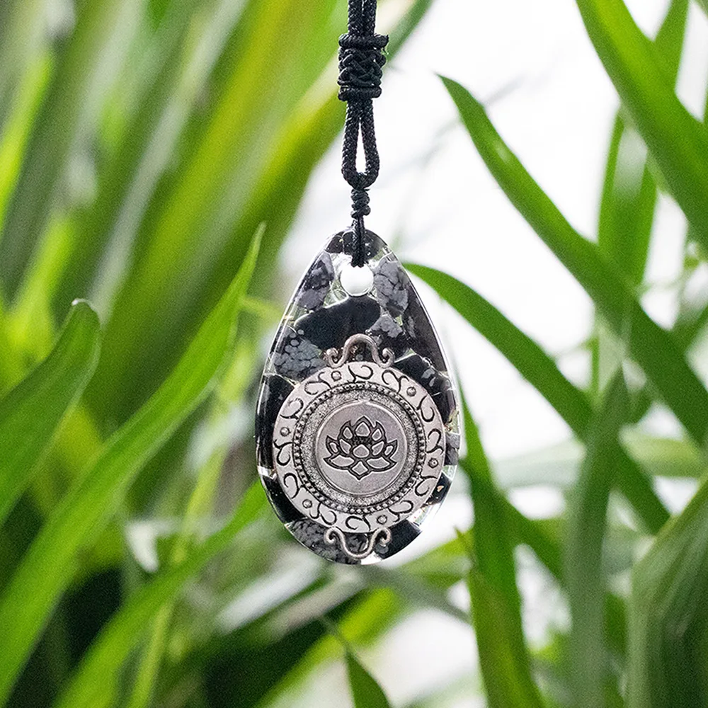 Snowflake Obsidian Pendant - Orgone Pendant -Wiccan Protection Jewelry Lotus Meditation Gifts For Women