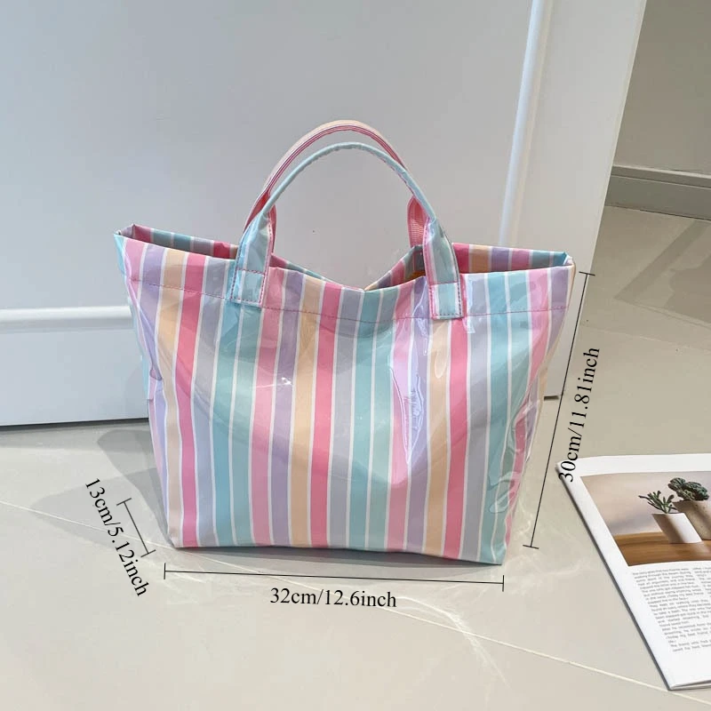 Fashion Striped Tote Bag Women Custom Name Embroidery Large Capacity Beach Bag Waterproof PVC Shopping Handbag Summer Gift