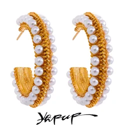 Yhpup Elegant Imitation Pearls Stainless Steel C Shape Geometric Hoop Huggie Earrings Vintage Metal Charm Stylish Jewelry Bijoux