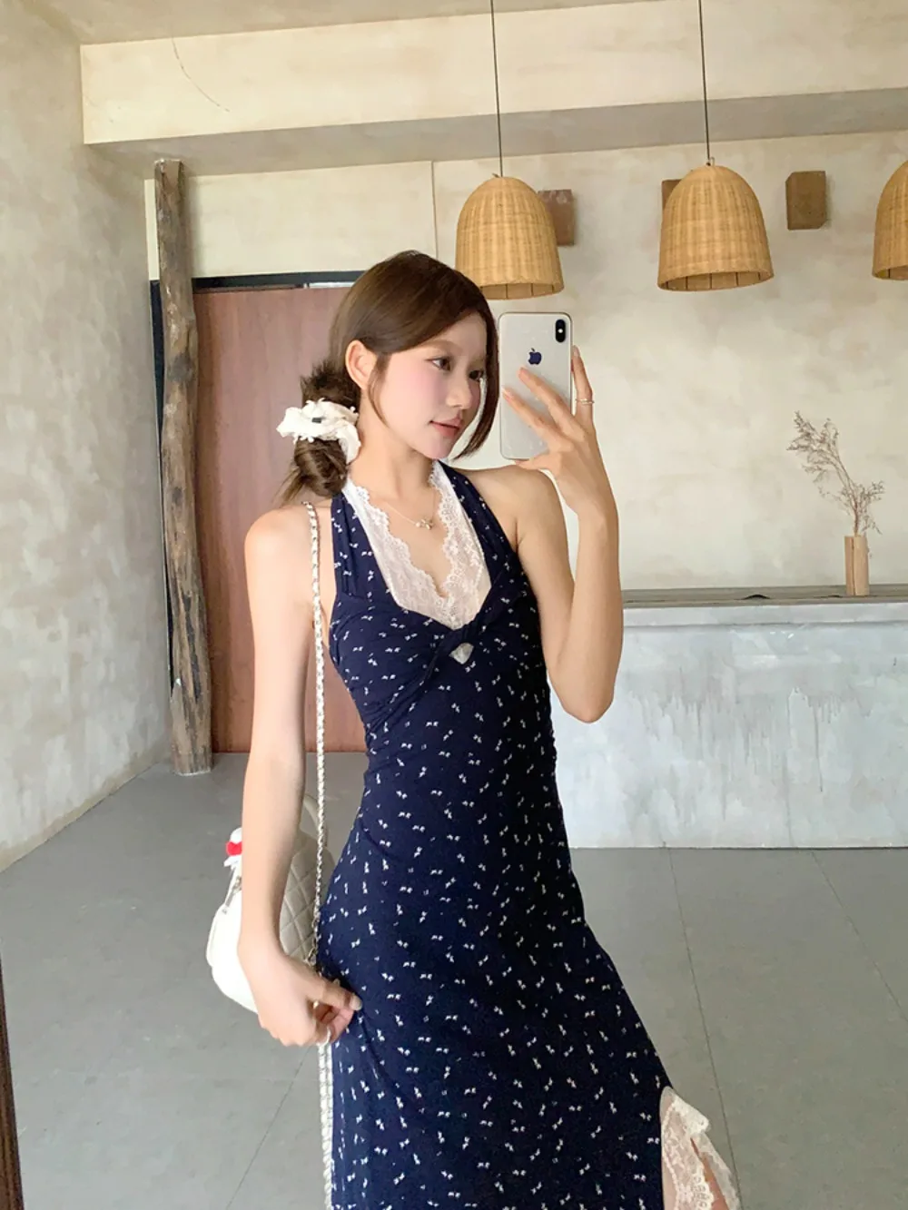 

Vacay Ready Halter Neck Dress Floral Lace Insert High Slit A Line Waist Defined Riviera Escape Aesthetic Cottagecore Maxi Dress