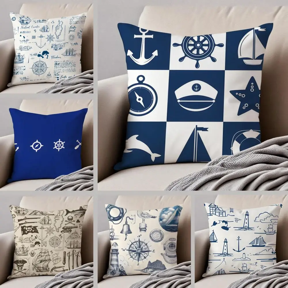 O-Ocean Blue Compass with Anchor Art Cushion Cover Throw Pillow Cover Hidden Button Durable Polyester Chair Cushion