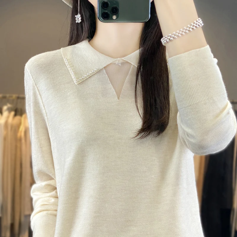 Polo Collar Hollow Out Long Sleeved Sweater for Women, Knit Top, Base Pullover, Spring and Summer, 2022