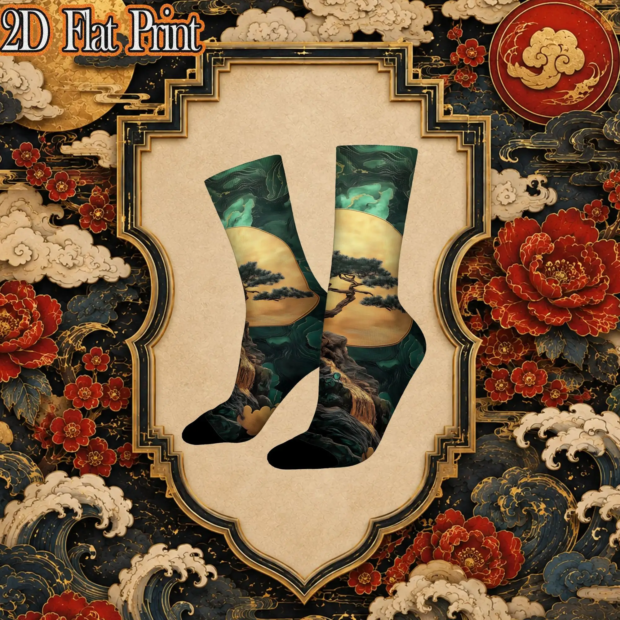 Oriental Pine Tree Golden Moon Print Funny Men's compression Socks Unisex items Crew Sock Cycling socks