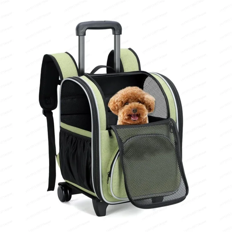 

Rolling Pet Backpack with Wheels Soft Face Wheel Cat Dog Bag Mesh Window Pocket Aviation Suitable for Travel