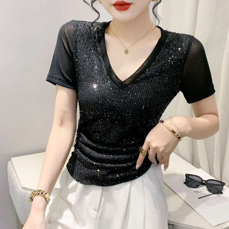 Sexy V-Ne T-irt Women's ort Sve Me Splice Sequin Slimming Top Trendy Summer Faion Small irt Korean Sle