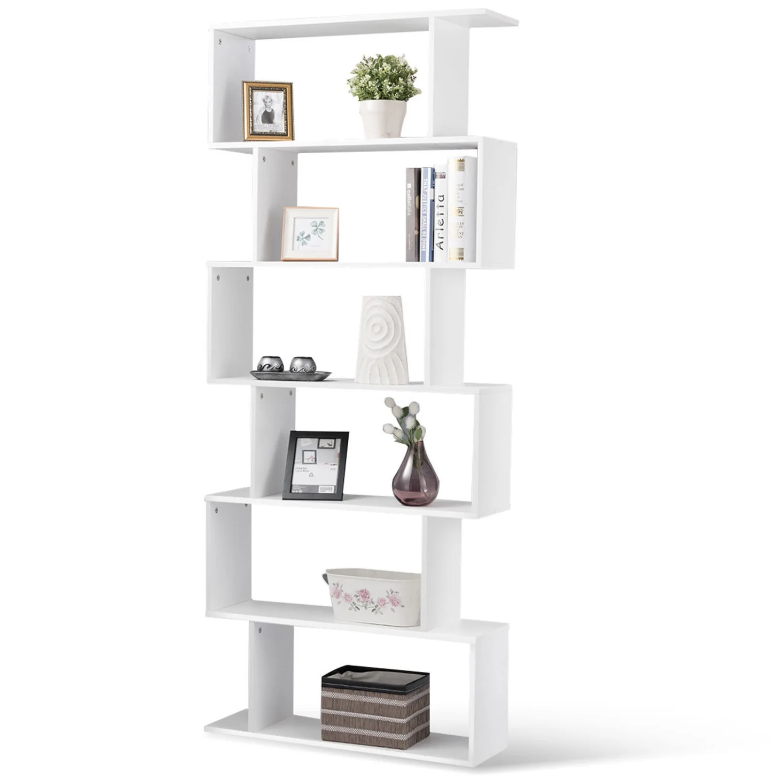 

US 6 Tier S-Shaped Bookcase Z-Shelf Style Storage Display Modern Bookshelf White