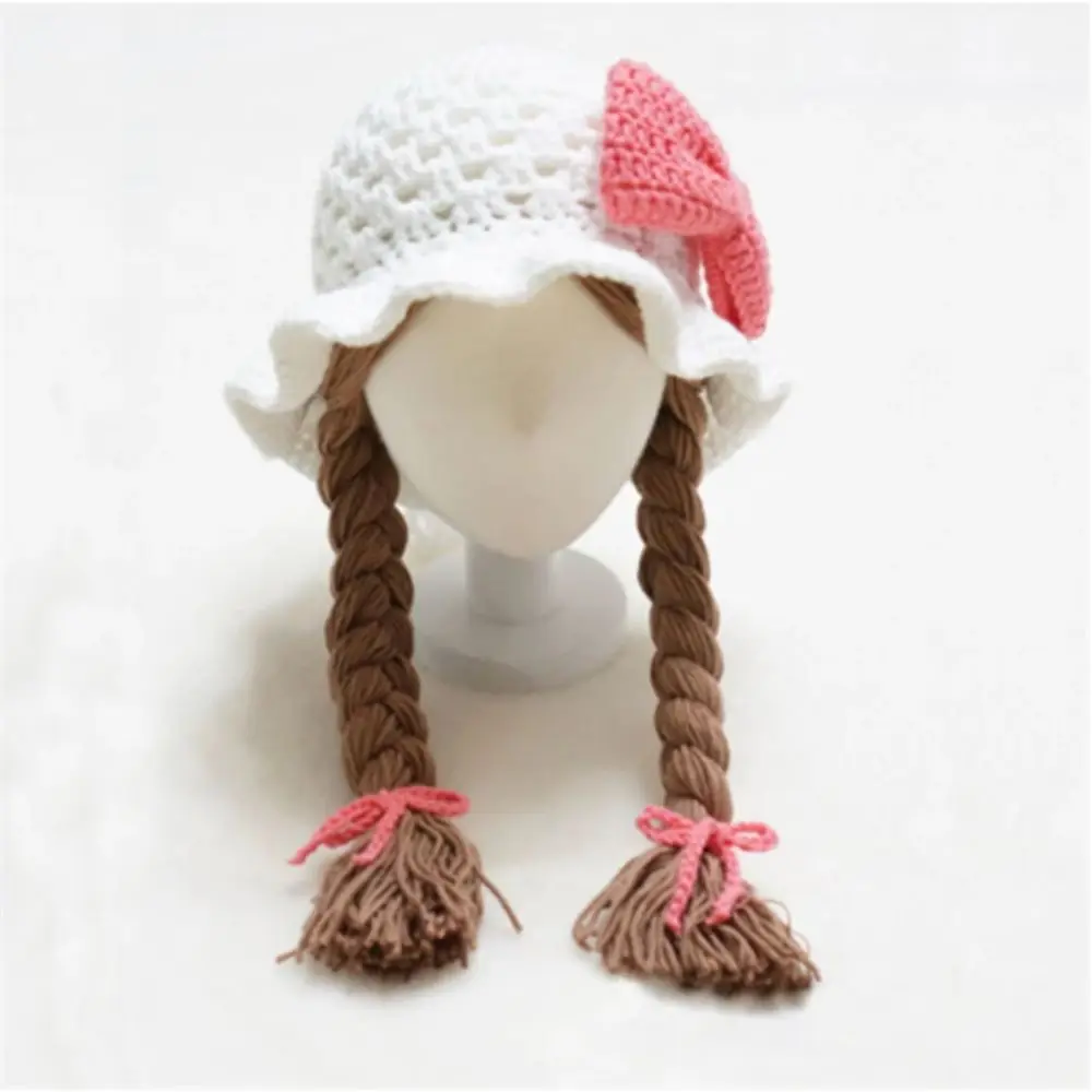 Pink Bow Wool Cap Handmade Knitted Braided Design Handmade Braided Earflap Girls Style With Plaits Crochet Hat Caps