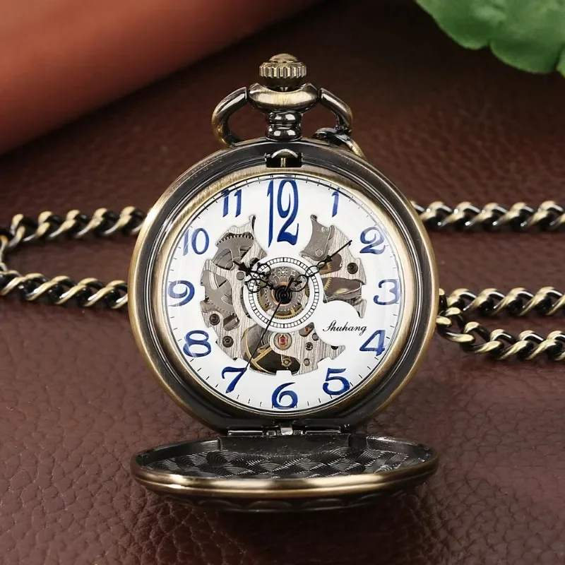 Retro Shield Men's Manipulator Moving Winding Pocket Watch Arabic Numeral Dial Flip Watch