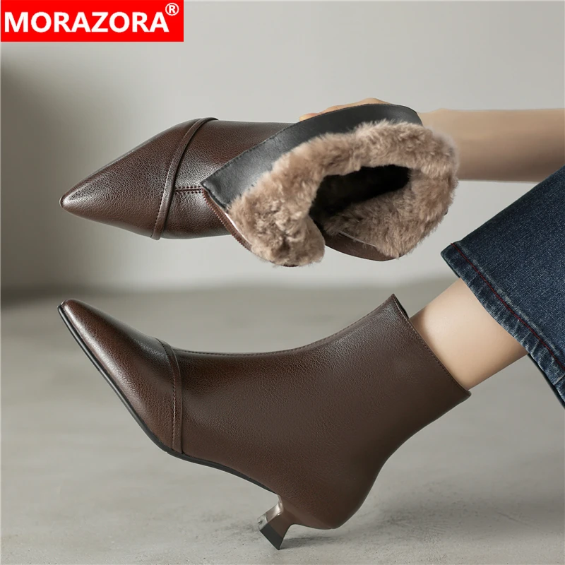 

MORAZORA Big Size 34-42 New Ankle Boots For Women Shoes Pointed Toe Genuine Leather Wool Warm Winter Boots Zipper Snow Booties
