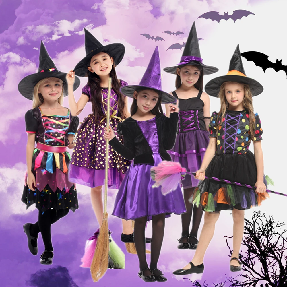 

Glittering Sorceress Magic Fairy Halloween Witch Costumes Girl For 4-11 year old Carnival Birthday Party Cosplay with Broom