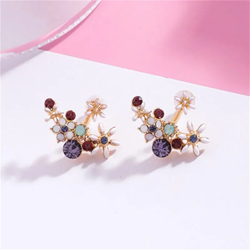 Fashion Jewelry Korean Sweet Crystal Flower Stud Earrings For Woman Girl Double Sided  Rhinestones Earring Gift