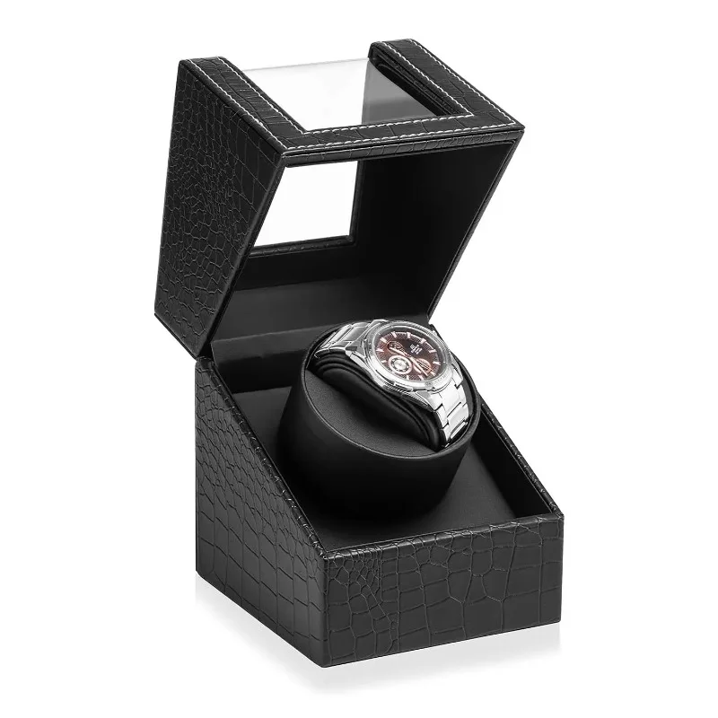 

Automatic Single Watch Winder in Black Fiber Leather with Japanese Quiet Motor Flexible Watch Pillow Bidirection Rotation