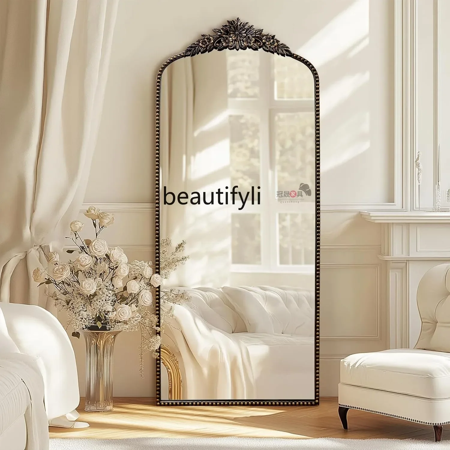 retro full-body mirror, European-style engraving in the living room, floor-to-ceiling arched fitting mirror in the bedroom6239