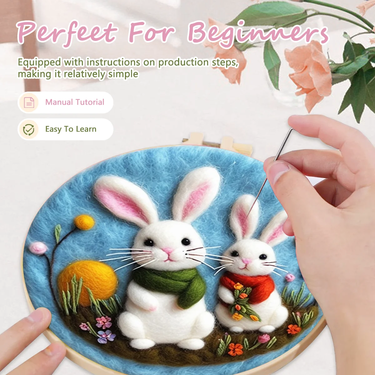 RUOPOTY 1 Pack Rabbit Pattern Needle Felt Starter Set Diy Gift Felt Painting Kit For Beginners Wool Needle Felt Set With Felt