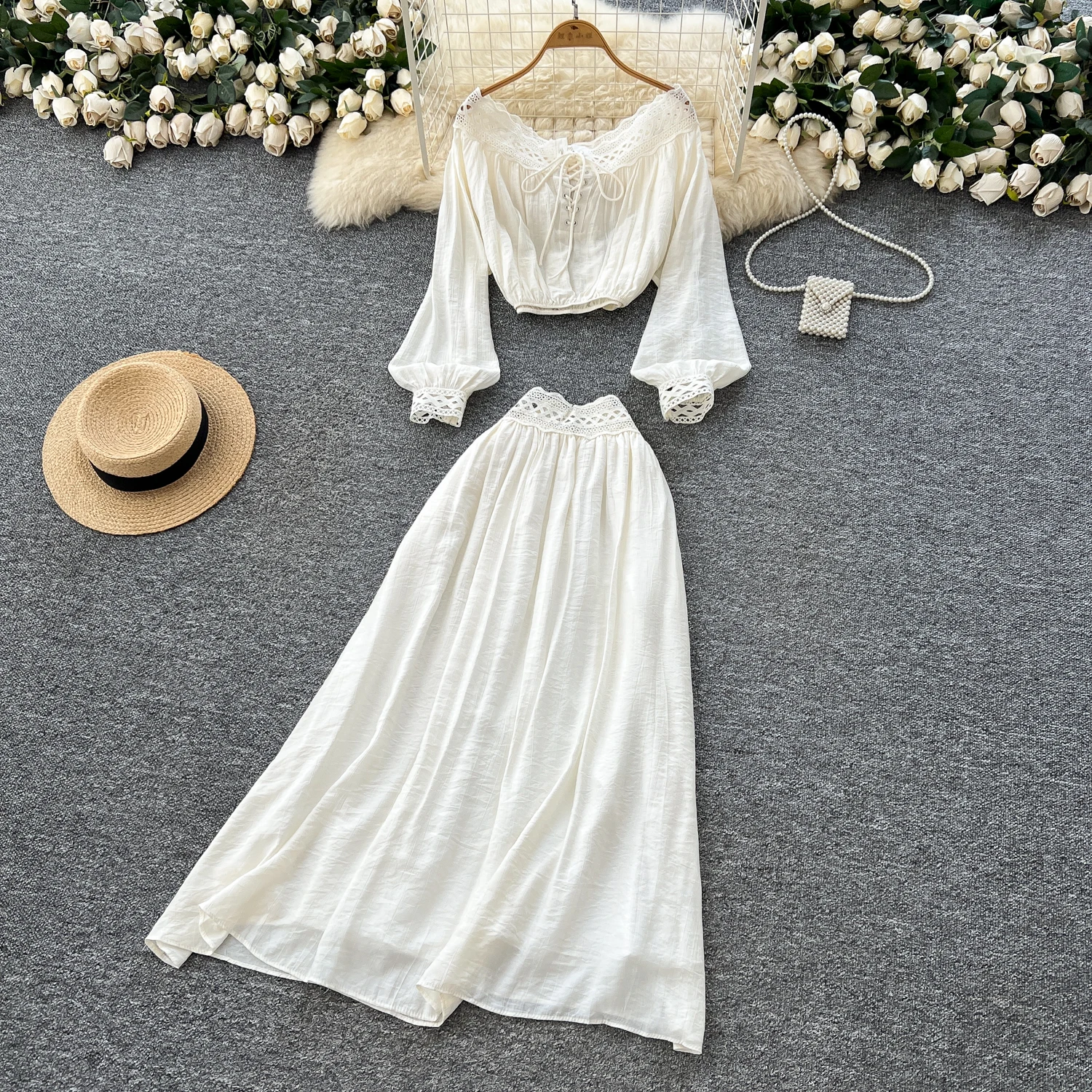 

Летний элегантный комплект платья для женщин, кружевной лоскутный бежевый топ в стиле бохо с разрезом на шее и рюшами на животе + платье миди для отдыха, пляжа, новинка