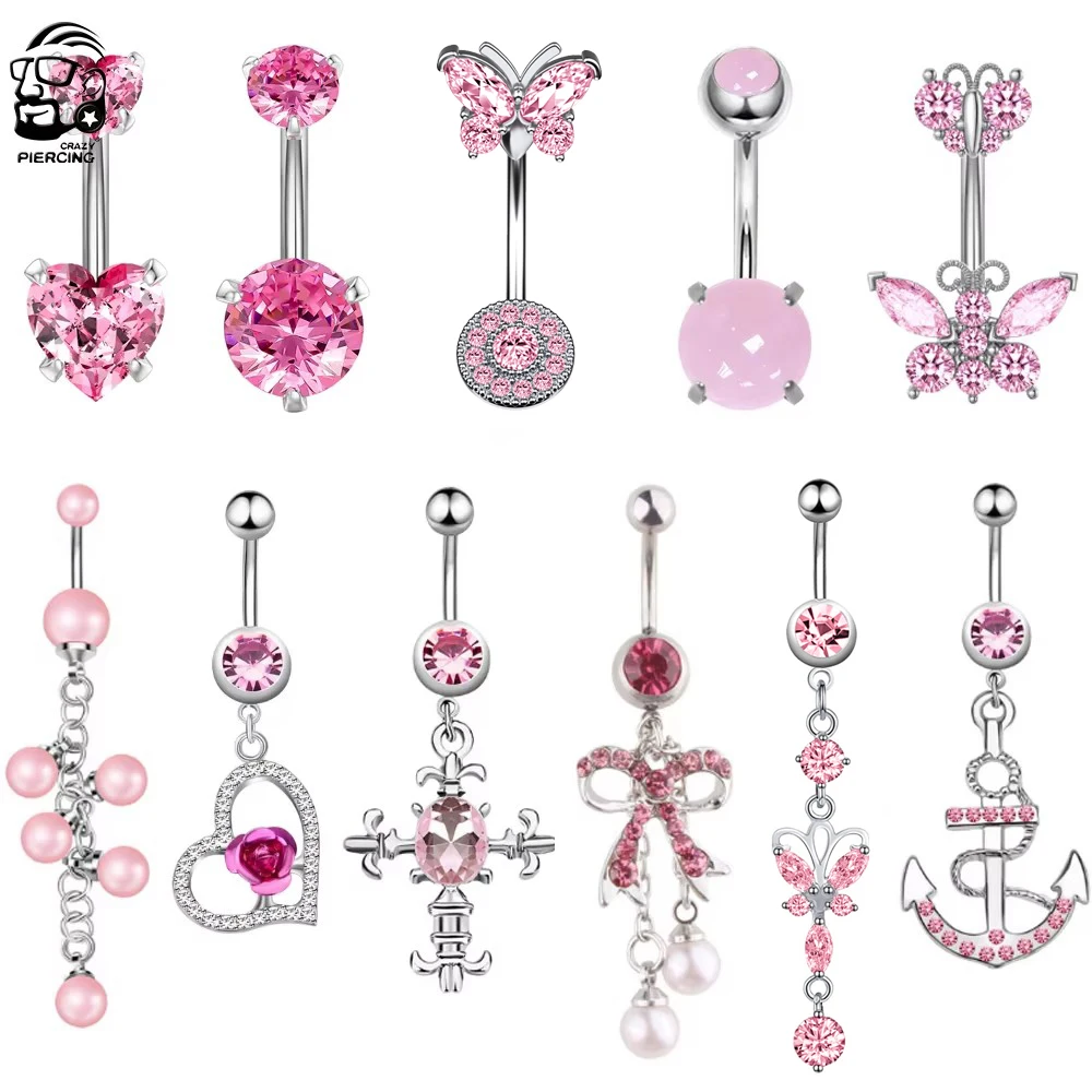 New Pink Series Dangled Belly Button Rings Heart Cross Zircon Curved Barbell Belly Piercing for Women Body Jewelry 1.6mm*10mm