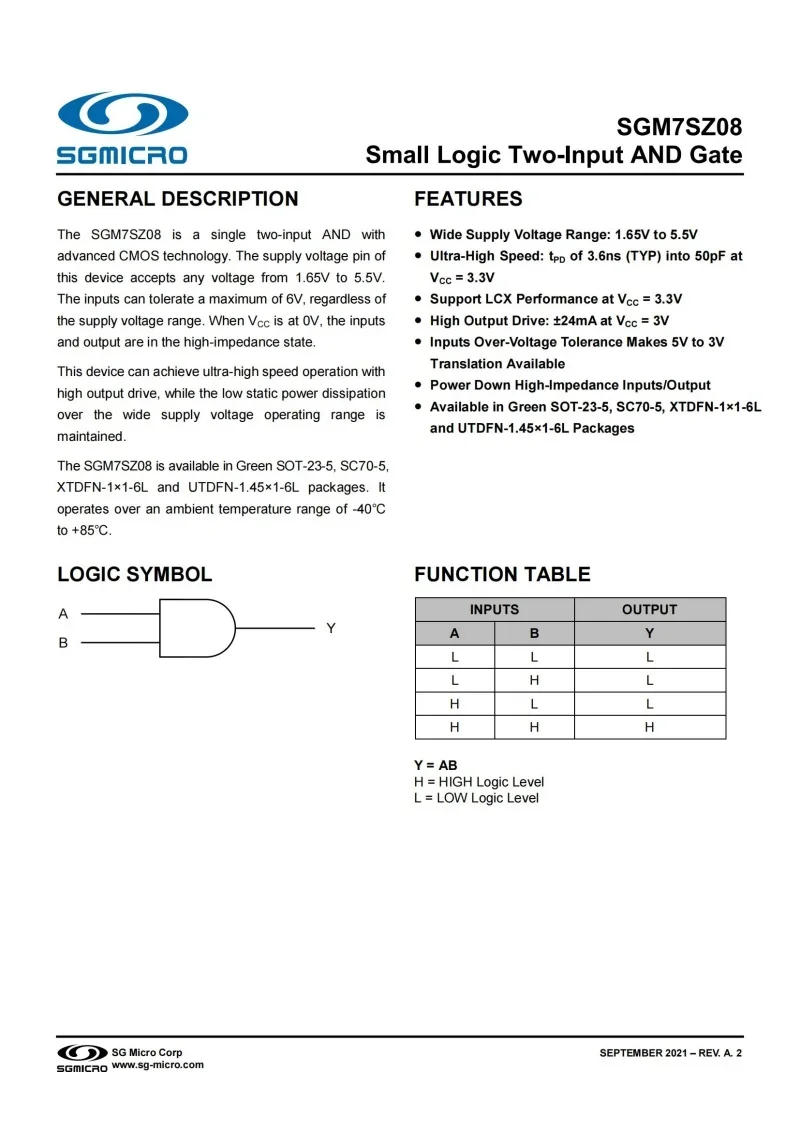 50Pcs/Lot SGM7SZ08YN5G/TR SOT-23-5,Marking:SF6**,Small Logic Two-Input AND Gate,Electronics,Integrated Circuit IC