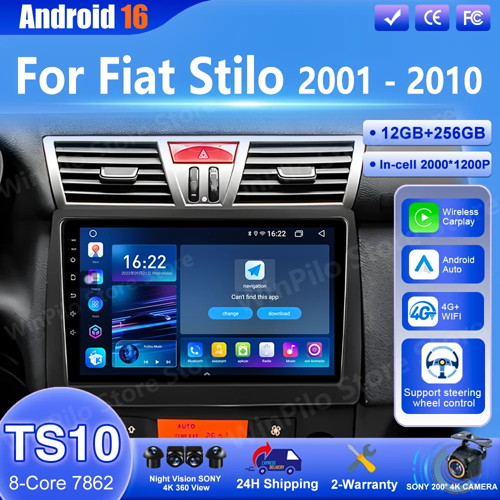 Android 16 Carpaly Navigation GPS For Fiat Stilo 2001 - 2010 Auto Multimedia Video Player Bluetooth Touch Screen Bluetooth Car