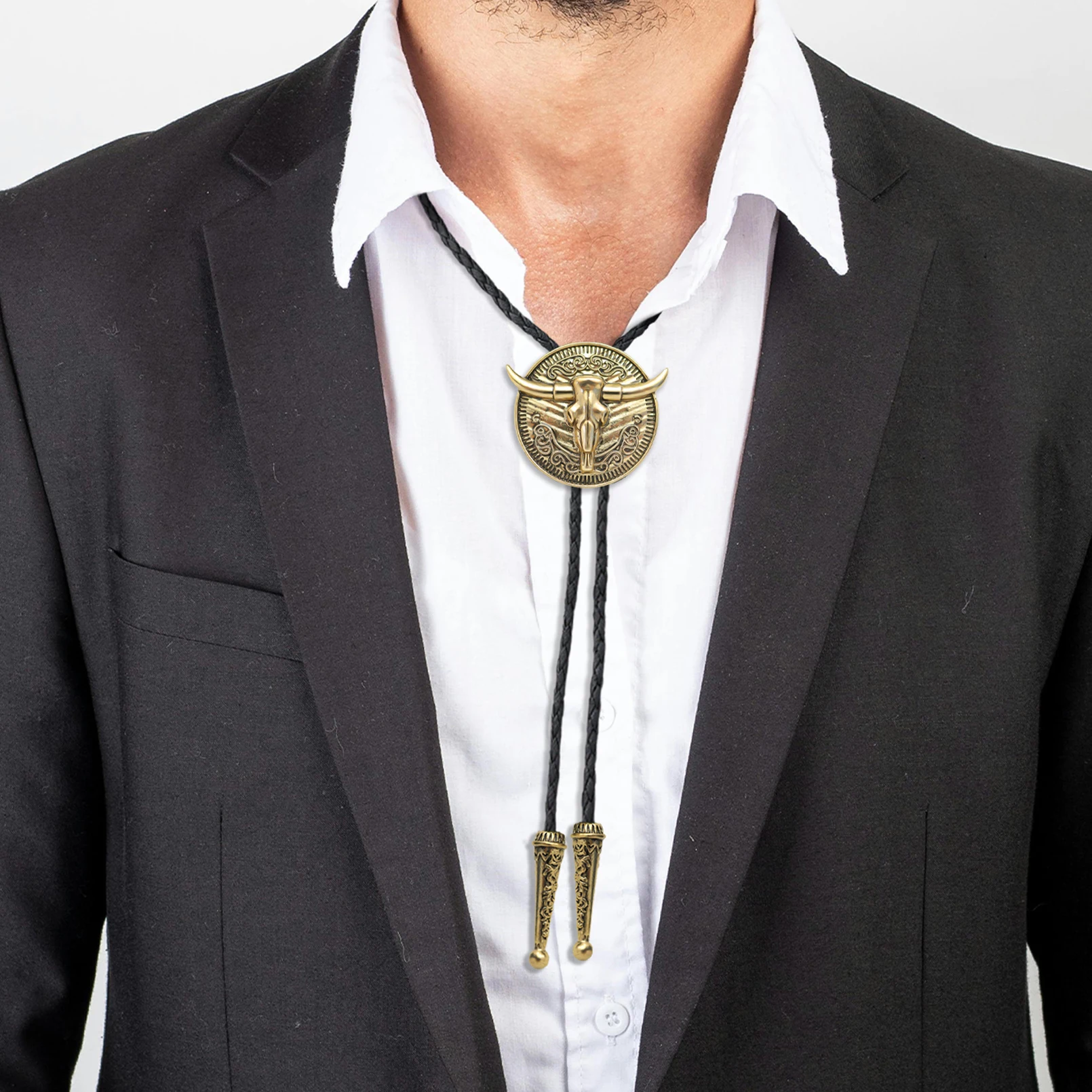 Vintage Bull Head Anhänger Schwarz Leder Seil Krawatte Western Cowboy Bolo Krawatte für Männer Frauen Halskette Zubehör Einstellbar – Detail 8