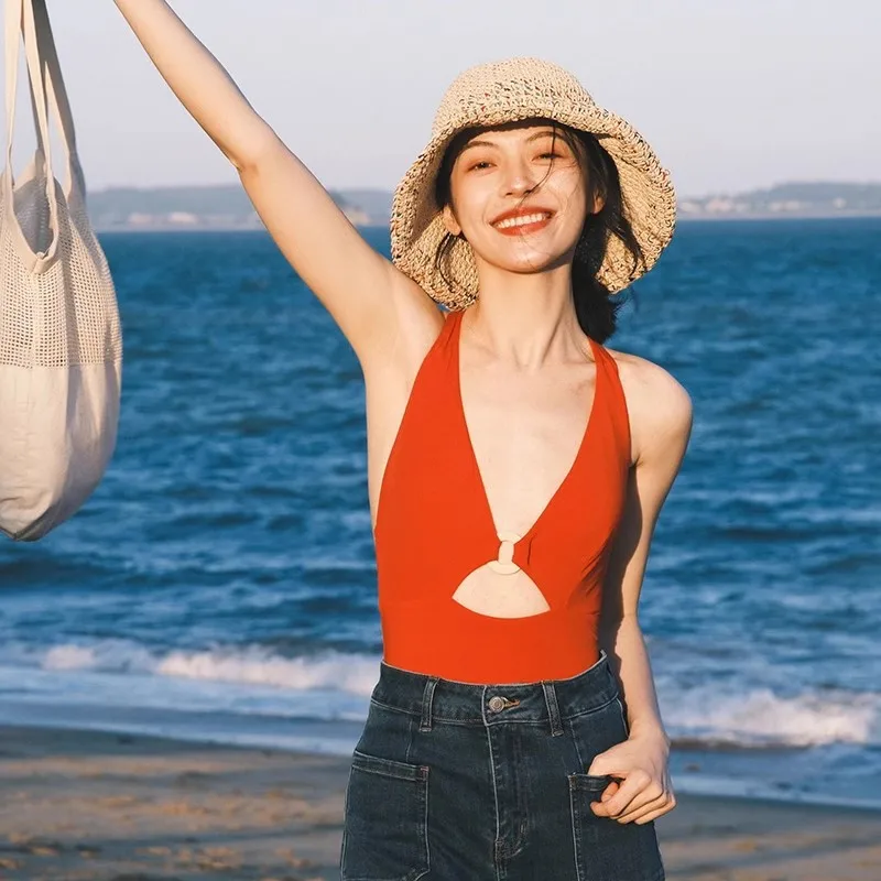 Minsu 2025NewNew One-Piece Swimsuit Vintage Hong Kong Style Sexy Swimsuit DeepVWhite-Enhancing Slimming Hot Spring Vacation Swim