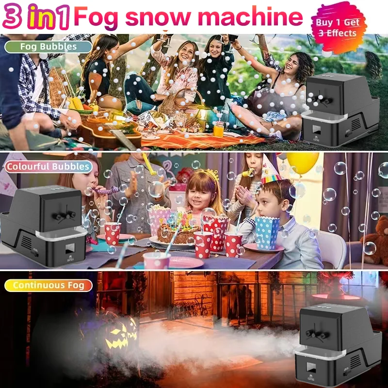 Máquina de nieve antiniebla 3 en 1 burbuja, nieve antiniebla, niebla para fiesta de boda, regalo de cumpleaños, juguete para niños de Halloween y Navidad al aire libre o interior