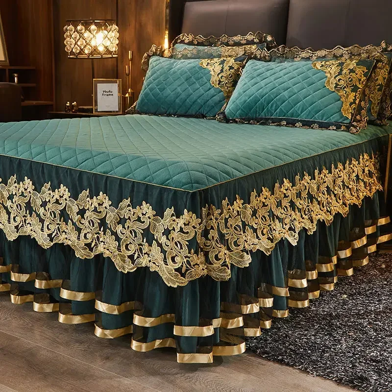 Luxury Lace Bed Skirt Pure Colour Warm Bed Cover Thicken Cotton Bedspreads Queen King Size Home Textiles Bed Decoration