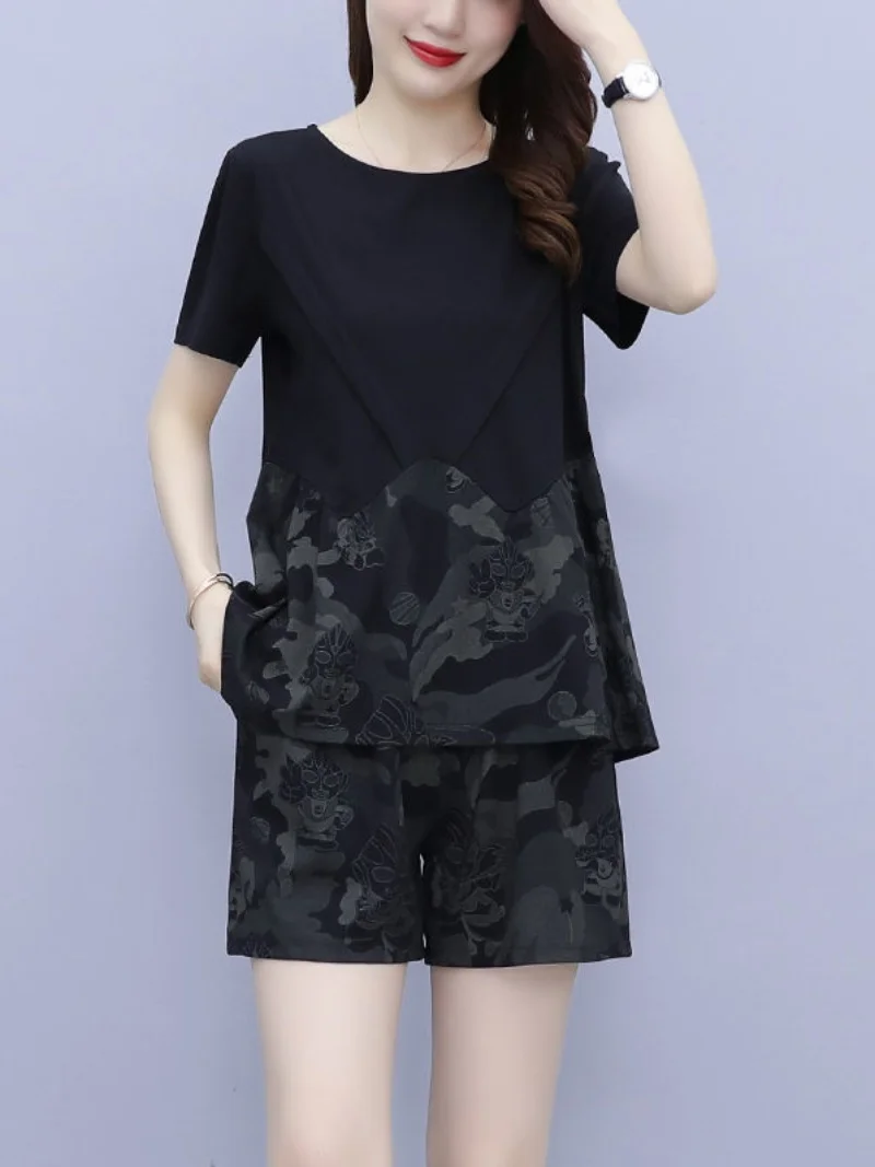 

Anti-Aging Fashionable Casual Short Sleeve Shorts Set Women's Small Size Summer Large Size Belly Covering Two-Piece Set
