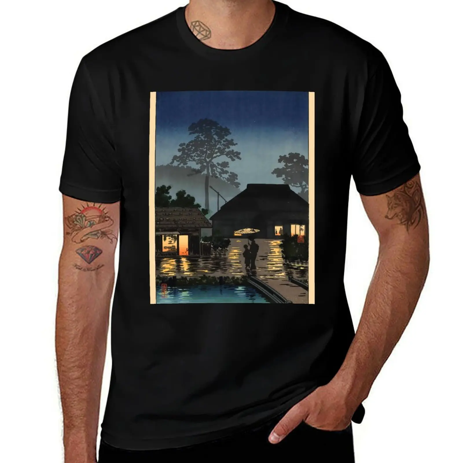 Long Spell of Rain 1930 Tsuchiya Koitsu Wall Art T-Shirt Vintage Print Crew Neck Tee T-Shirt