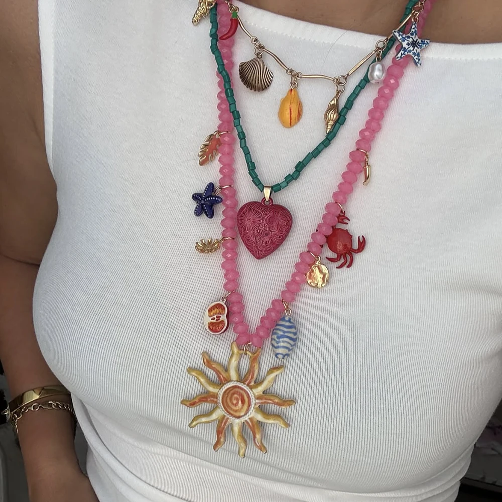 

Fashion Creative Multilayer Beads Pendant Necklace For Women Candy Color Crab Charm Heart Necklace Gift