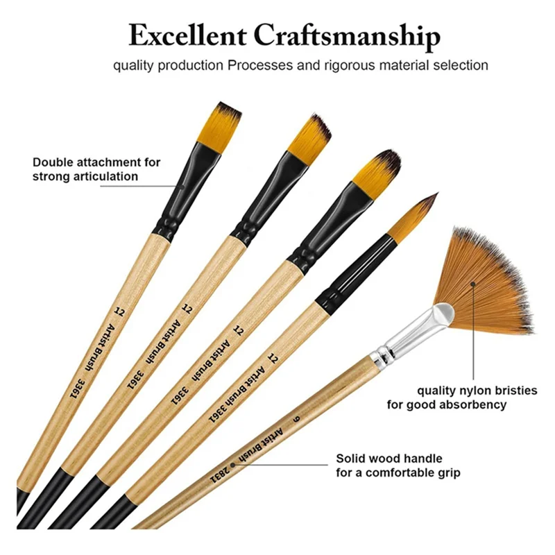 

Paint Brush Set, Nylon Bristles With Round, Filbert, Flat, Fan, Angle, Suitable For Artists And Beginners For Acrylic